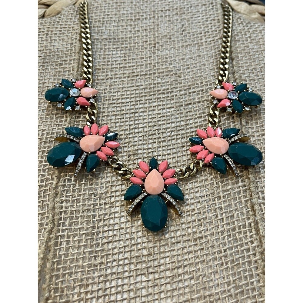 J CREW Statement Necklace Rhinestone Chunky Forrest Fairy Green Gold Tone Y2K - Picture 3 of 6